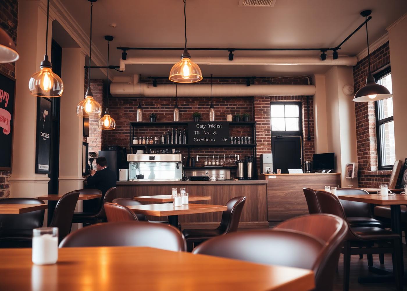 Inside Becafe — warm pendant lights and wooden tables